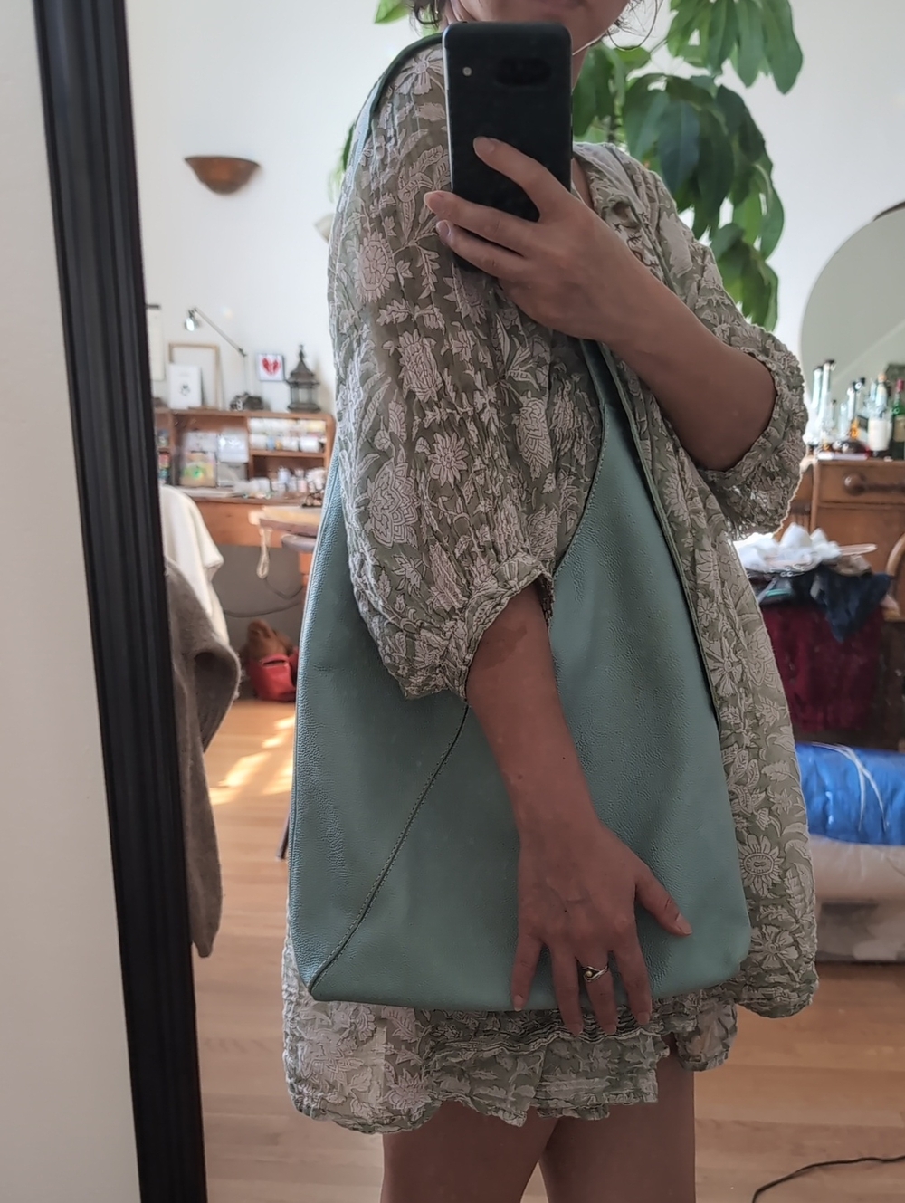 Aqua Leather Hobo Bag